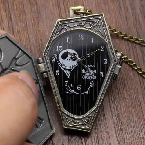 Tim Burton The Nightmare Before Christmas Pocket Watch - Skull Skeleton Quartz Pocket Watch Fob Chain