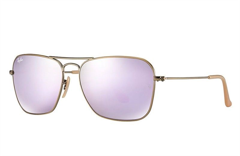 Ray-Ban Caravan Gold Metal purple Mirror Lens RB3136 Gold Frame Green G-15 Lens - Size 58